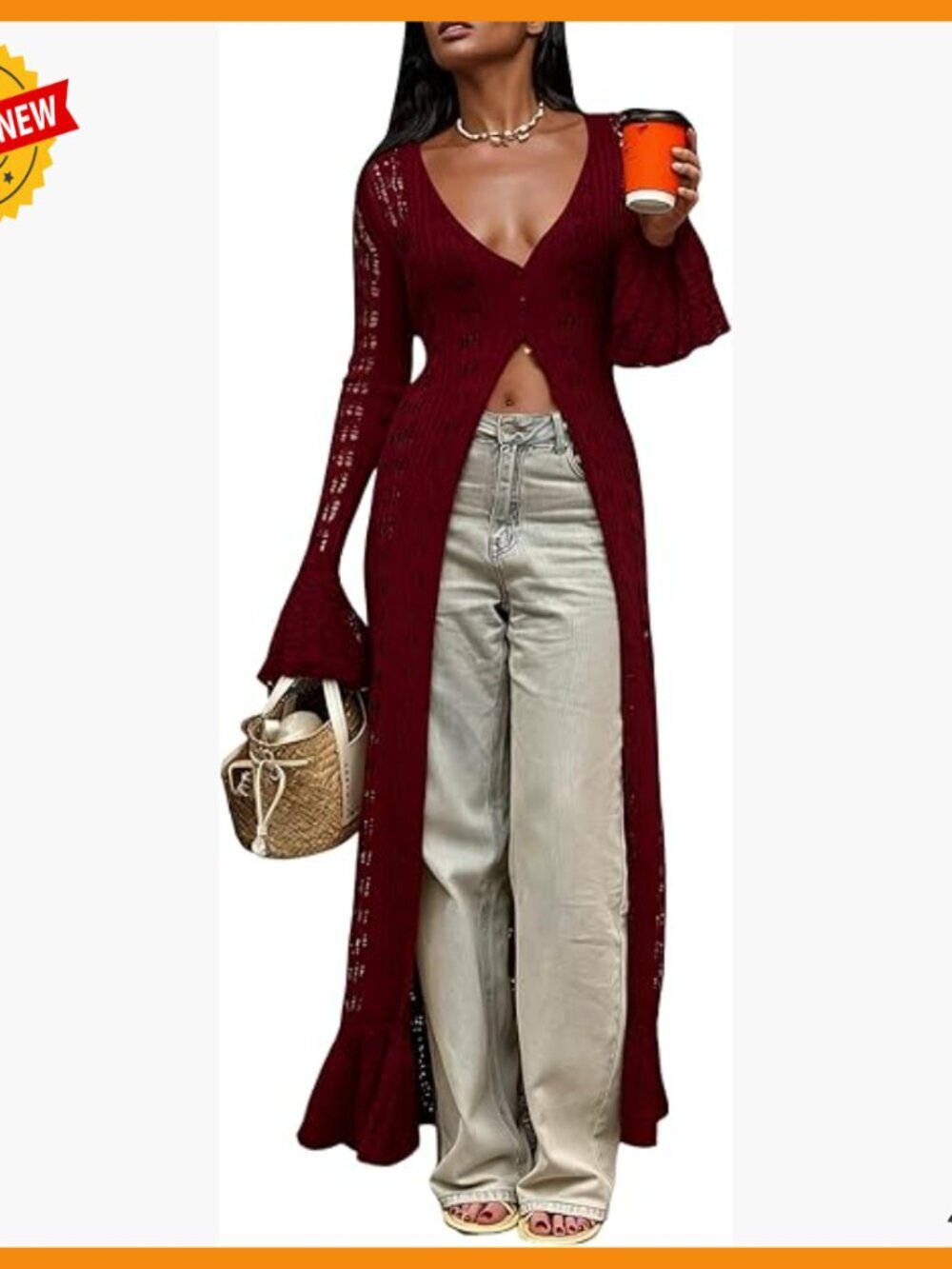 Large Crochet Cardigan Bell Sleeve Lightweight Duster Sweater Beach Cover Up